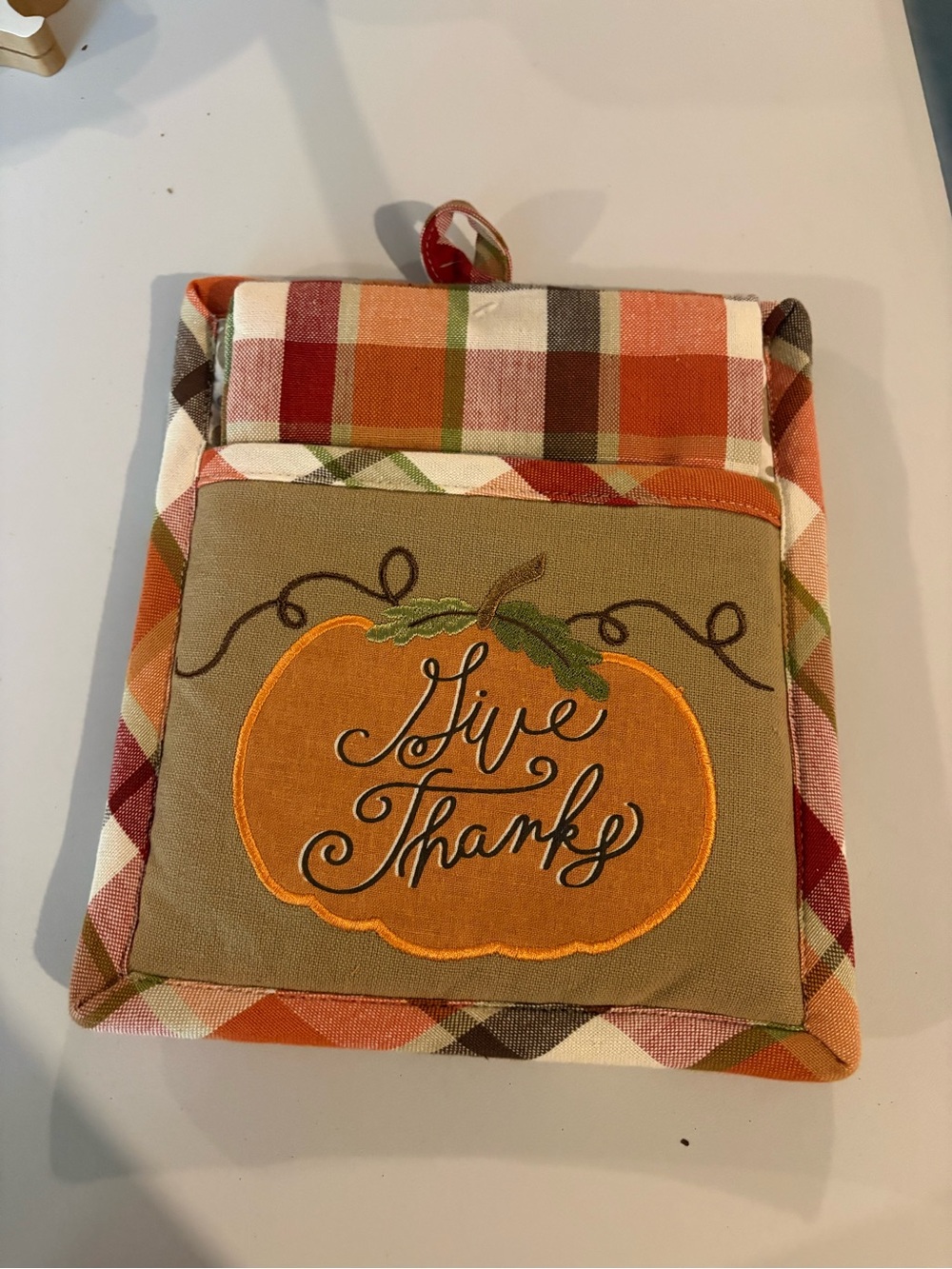 Give Thanks Pumpkin Oven Mitt Potholder - Fall Plaid with towel